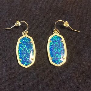 Kendra Scott Dani gold drop earrings in ocean kyocera opal with storage bag.